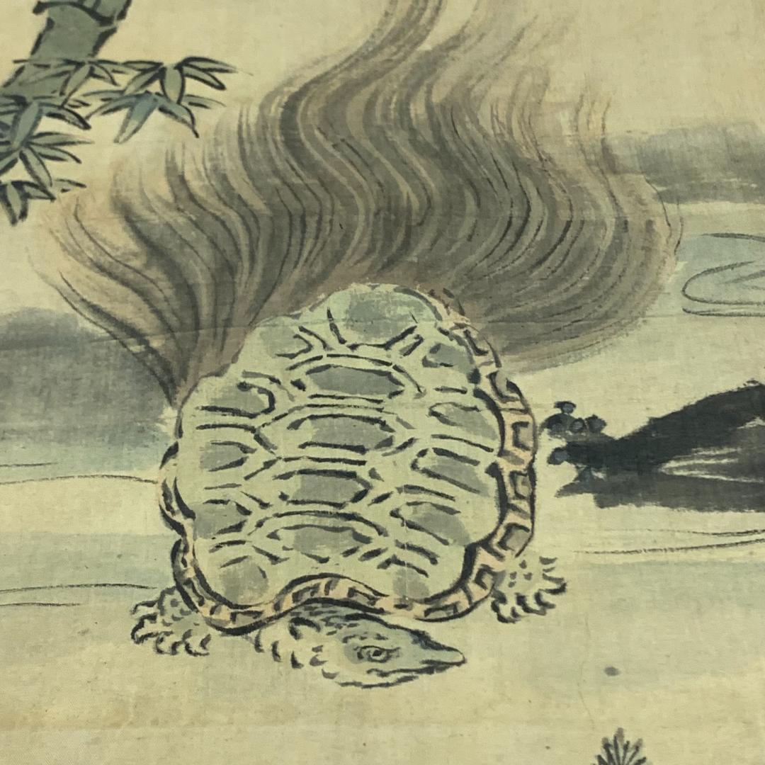 掛け軸　落款印有り　狩野探信　亀　竹　岩　水辺　昭和レトロ　時代物