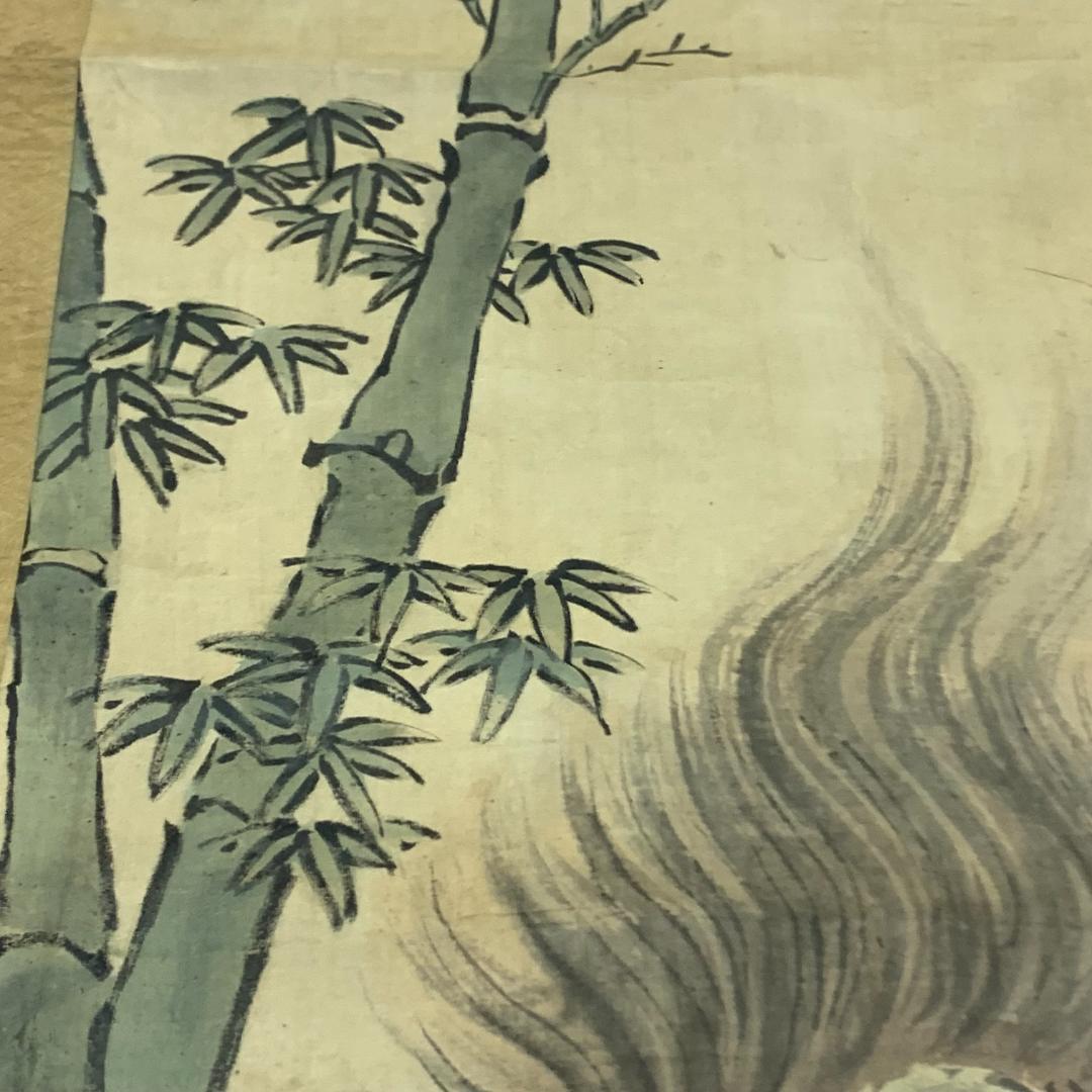 掛け軸　落款印有り　狩野探信　亀　竹　岩　水辺　昭和レトロ　時代物