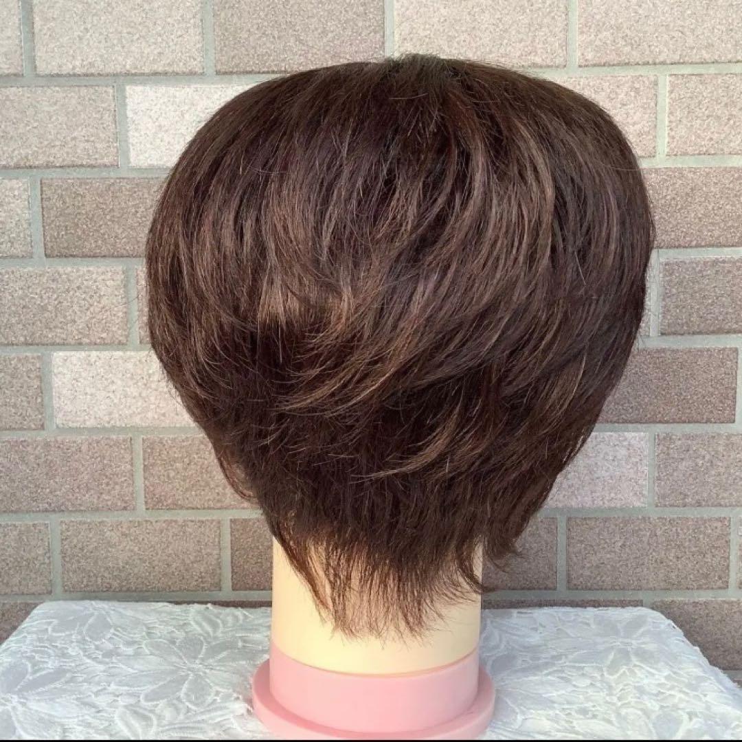 人毛100% 手植えフルウィッグ 医療ウィッグ ショートカール ダークブラウン