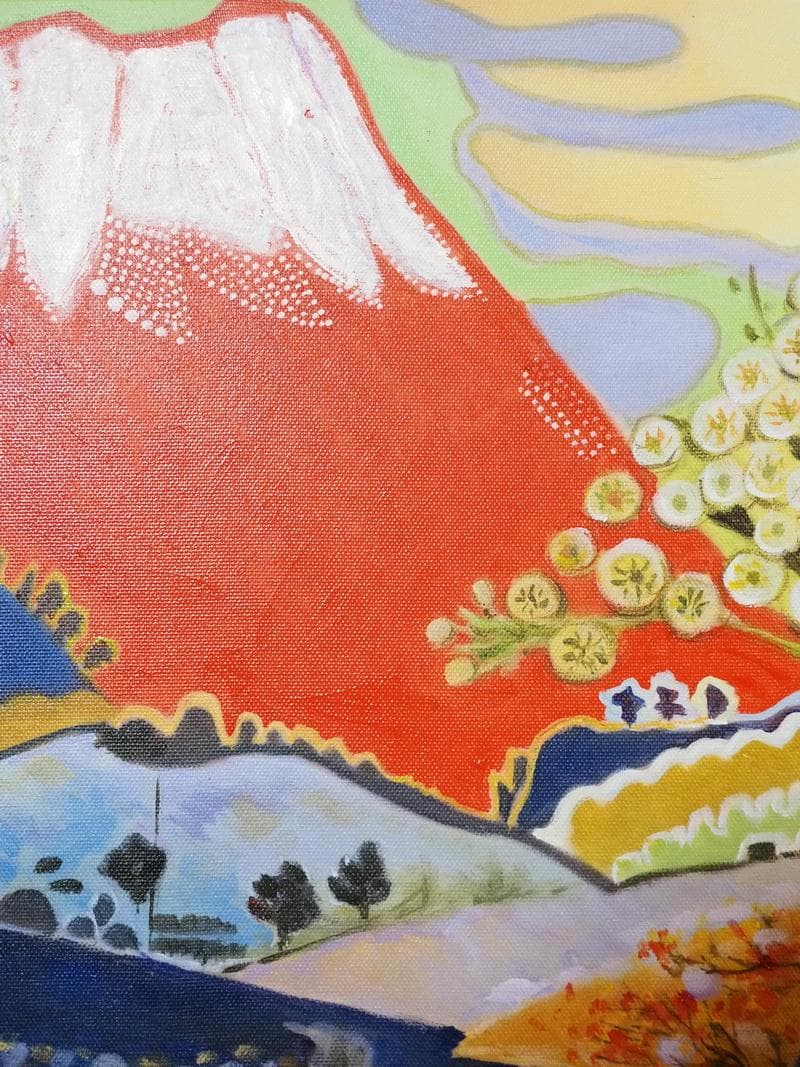 絵画 風景　片岡球子 「梅赤富士」 サインF6サイズ額装済み 肉筆手描き