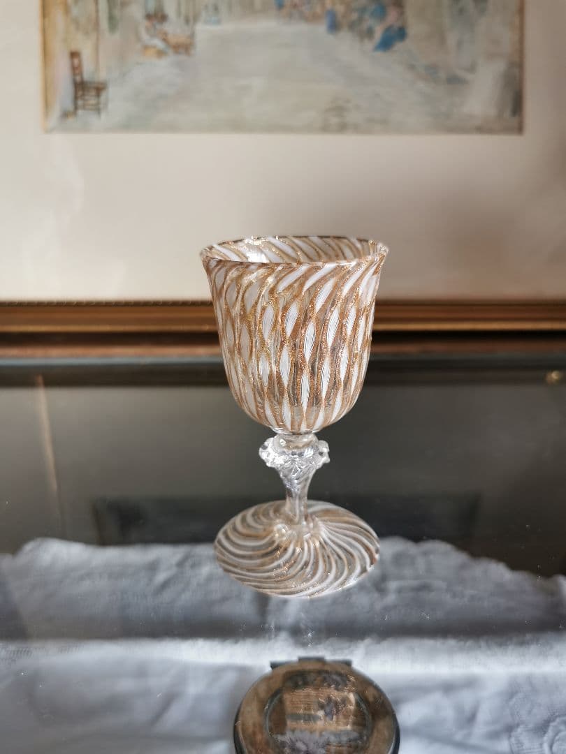 アンティーク ヴェネチアンガラス ムラーノリキュールグラス ホワイトレース 金彩