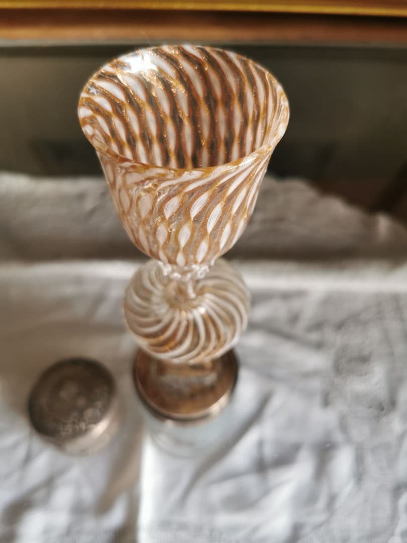 アンティーク ヴェネチアンガラス ムラーノリキュールグラス ホワイトレース 金彩