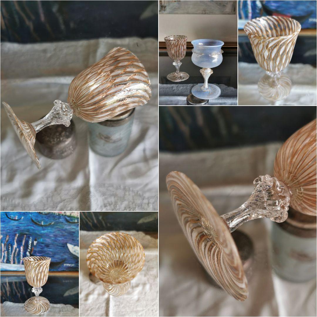 アンティーク ヴェネチアンガラス ムラーノリキュールグラス ホワイトレース 金彩