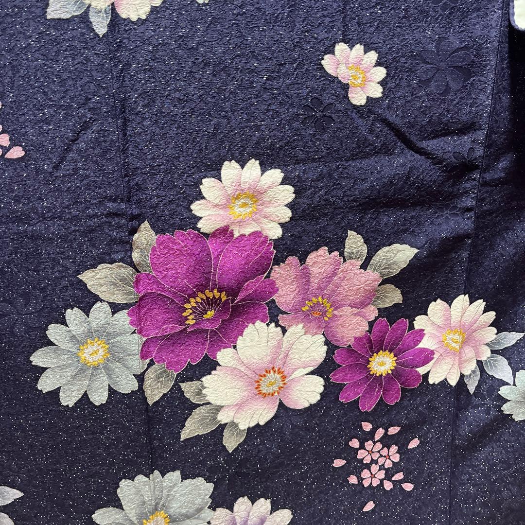 振袖　正絹　成人式　銀通し　紺