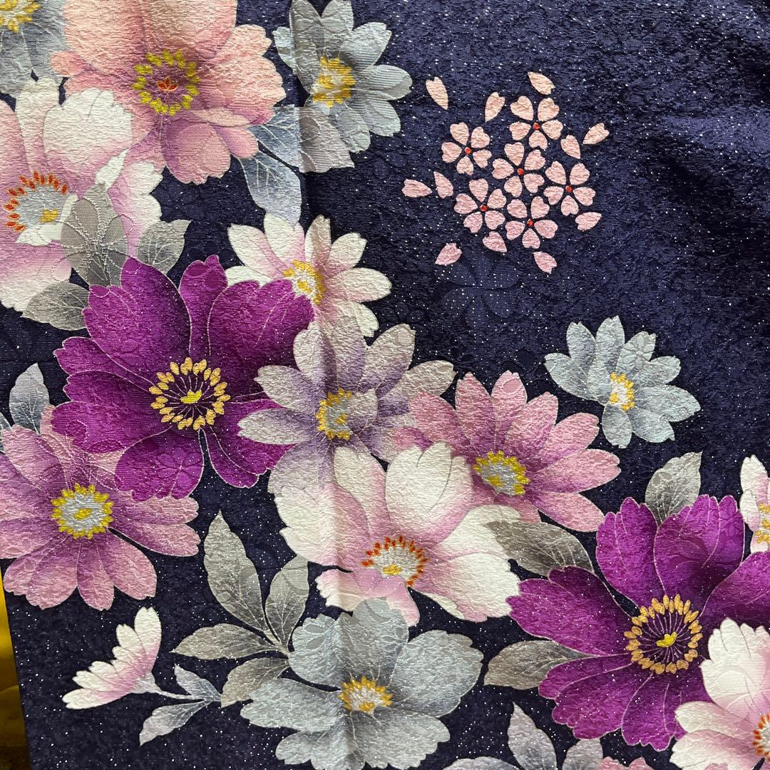 振袖　正絹　成人式　銀通し　紺