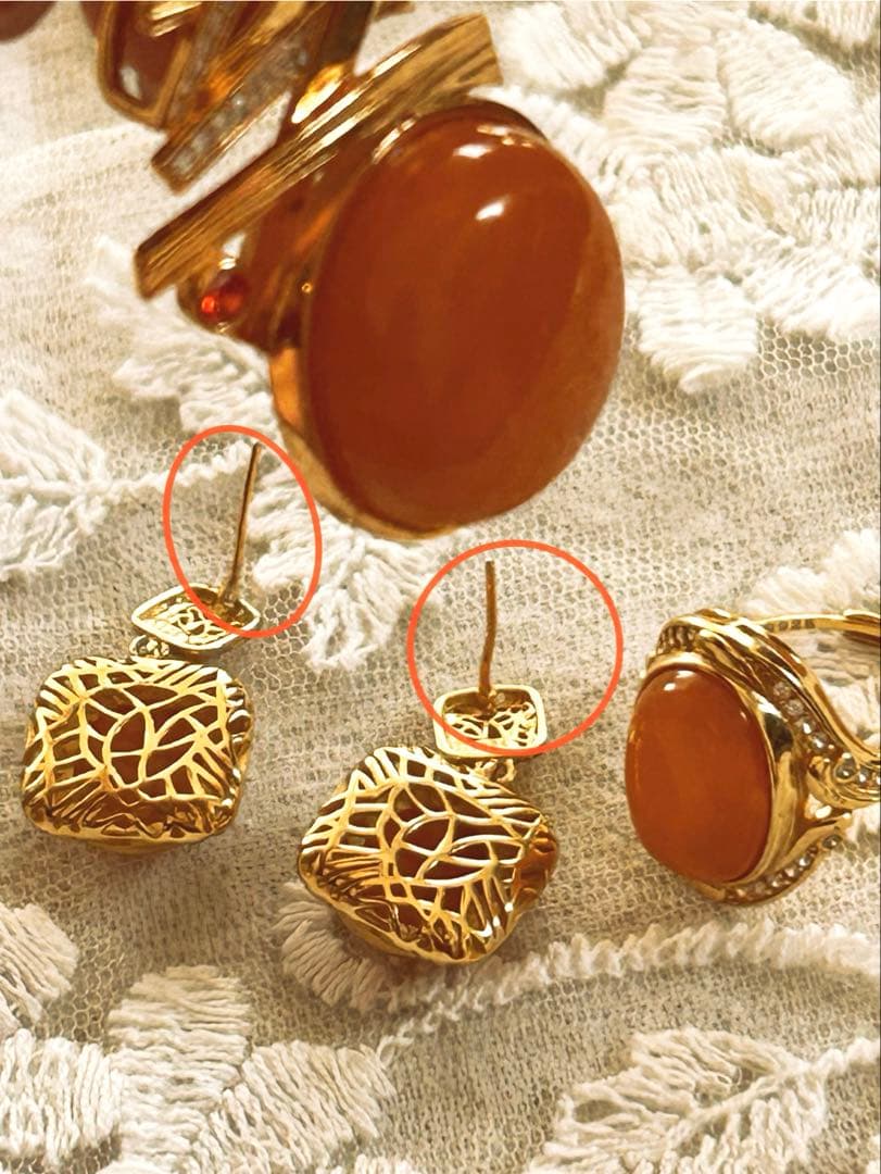 ◇天然琥珀 シルバー925メッキ金嵌め インレイ 3点セット【箱、鑑定書 付】