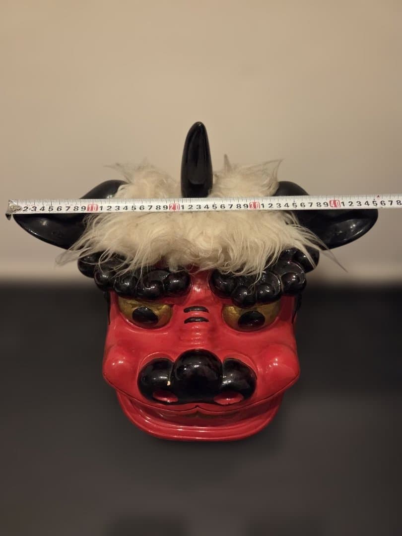旧家蔵出 大振 獅子頭 雄 木彫 獅子舞い 彫刻 朱塗 漆塗