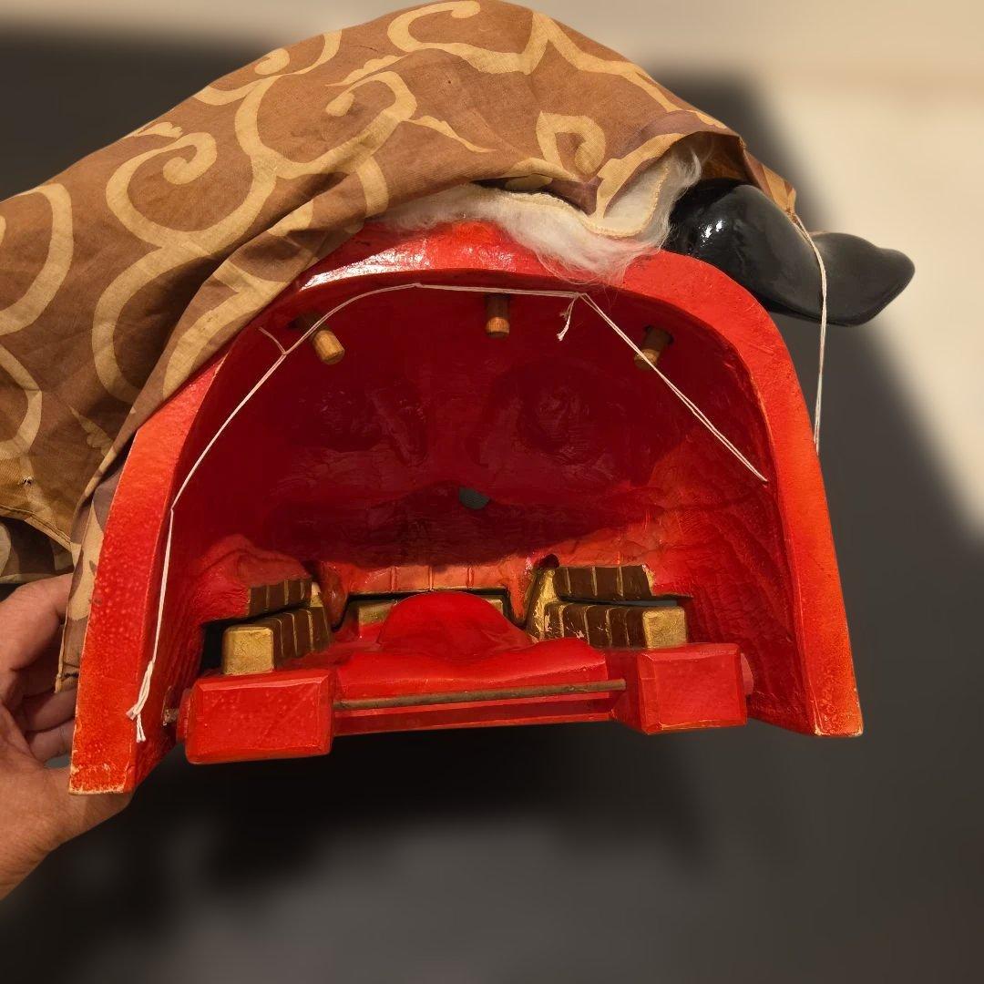 旧家蔵出 大振 獅子頭 雄 木彫 獅子舞い 彫刻 朱塗 漆塗