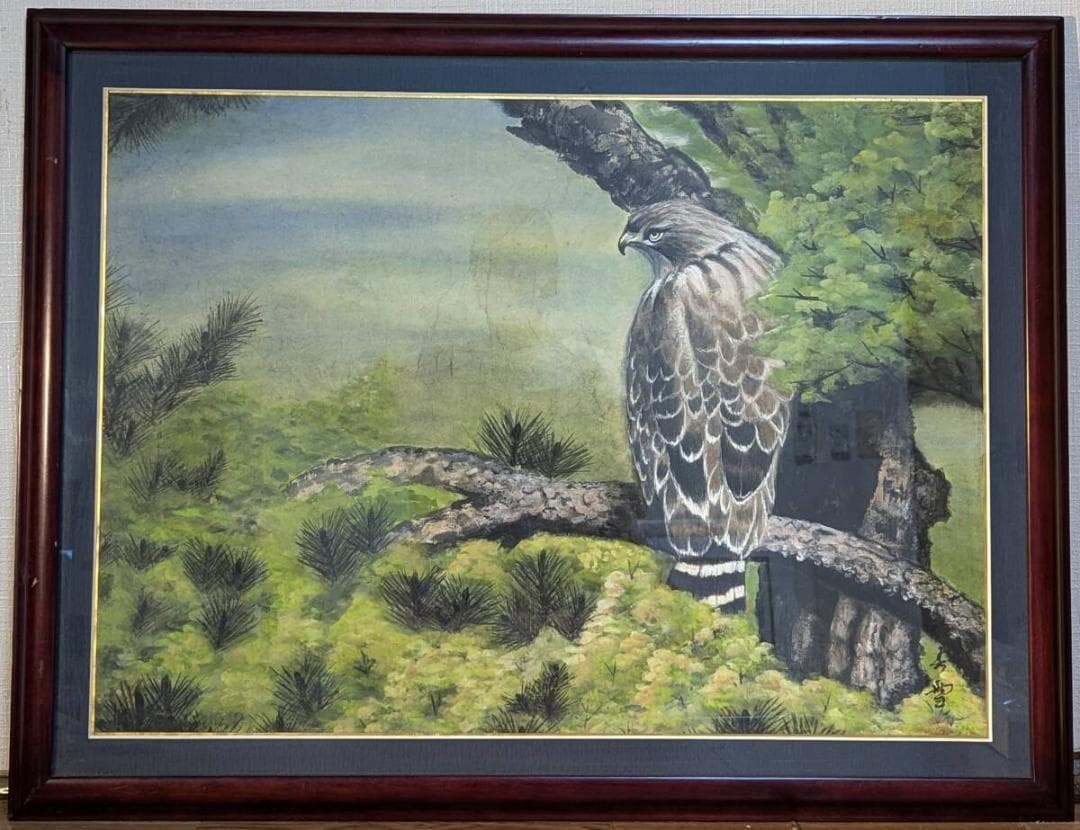 【真作】絵画　日本画　静寂の森の鷹　伝統技法による自然美　精緻な描写　V90