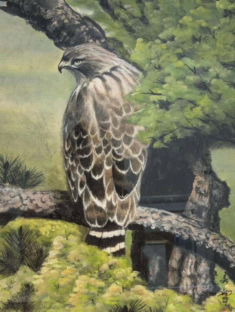 【真作】絵画　日本画　静寂の森の鷹　伝統技法による自然美　精緻な描写　V90