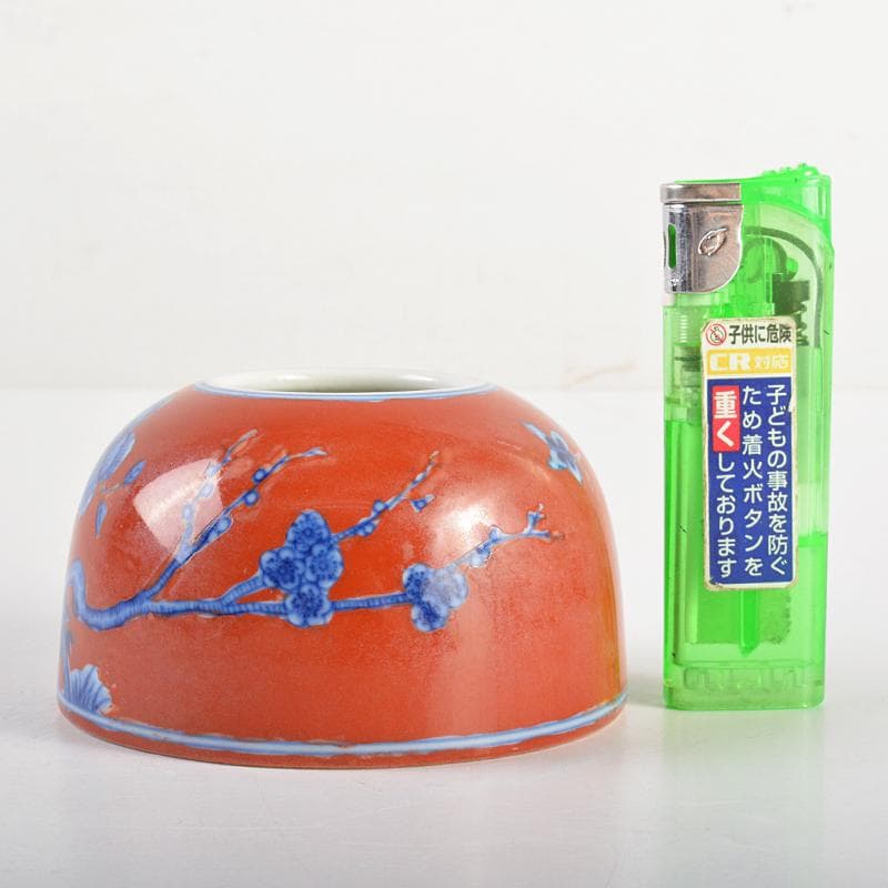 中国　大清雍正年製　紅地青花花文　水孟　筆洗　V　R6233E