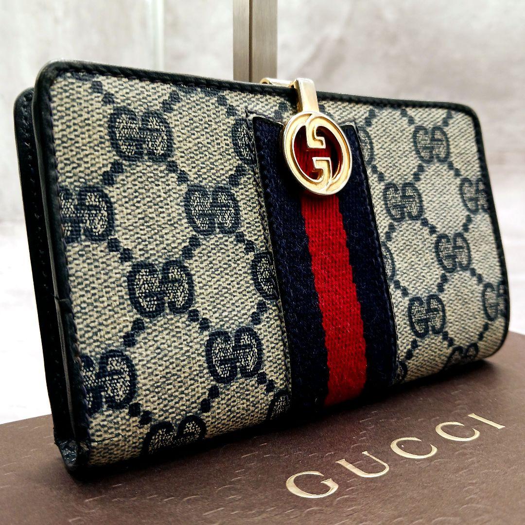 ✨美品✨ オールド グッチ 二つ折り 財布 シェリーライン がま口 黒 GG柄