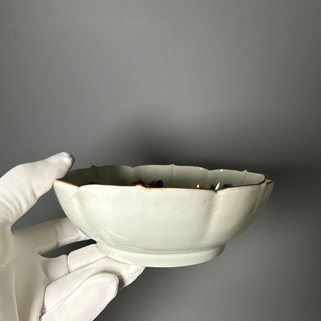 古伊万里　染付　輪花形膾皿　五点　亀甲文　植物文　古器を楽しむ　江戸期　大きめ