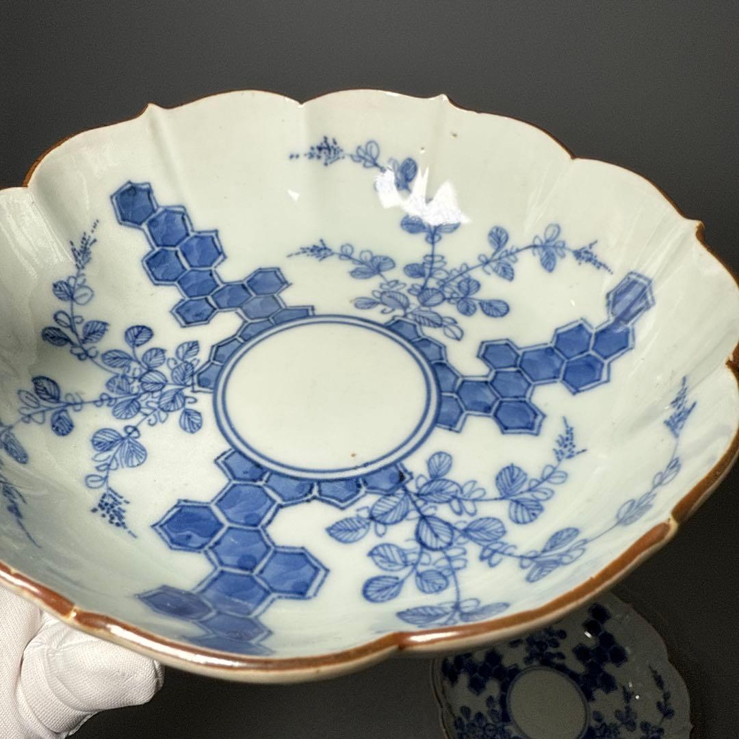 古伊万里　染付　輪花形膾皿　五点　亀甲文　植物文　古器を楽しむ　江戸期　大きめ