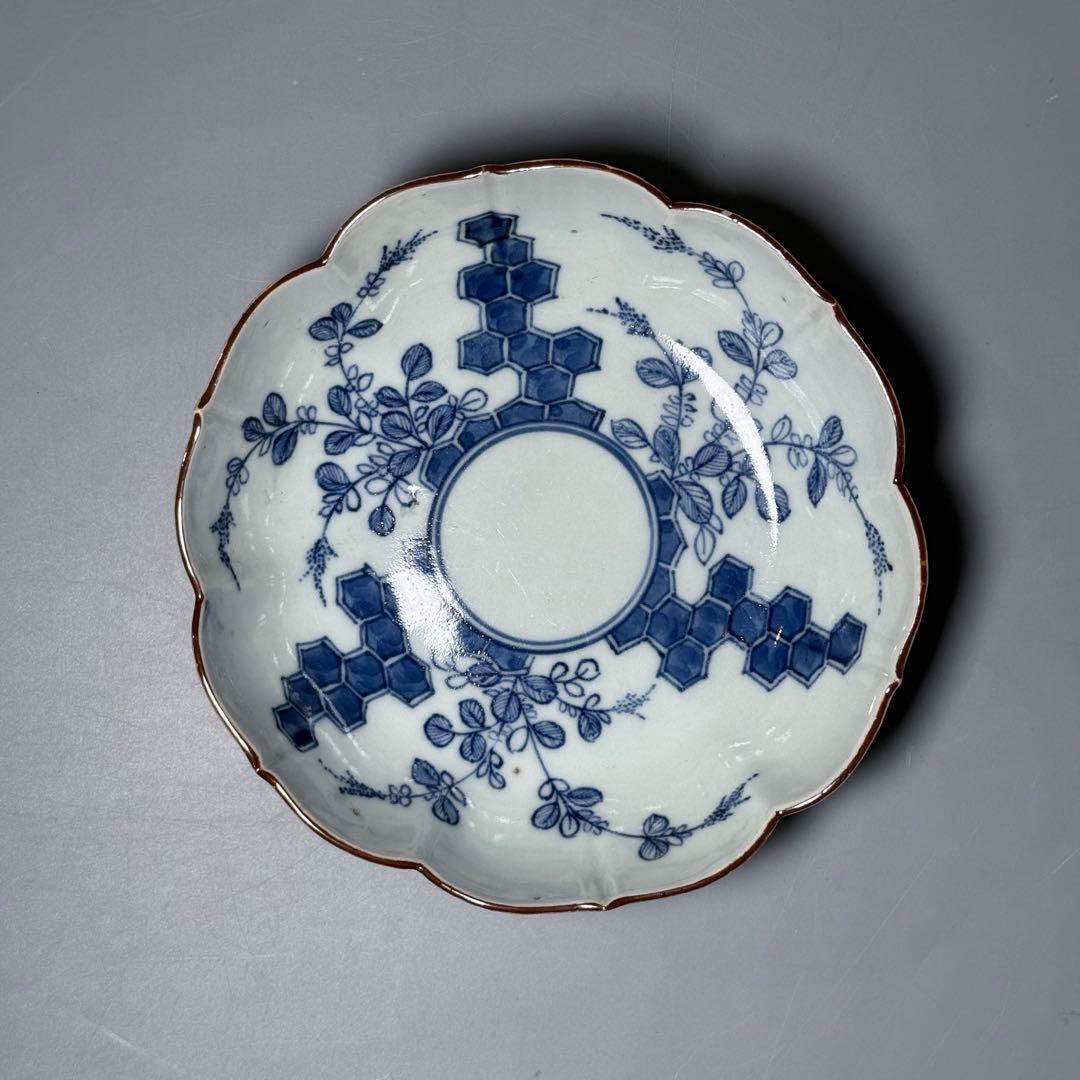 古伊万里　染付　輪花形膾皿　五点　亀甲文　植物文　古器を楽しむ　江戸期　大きめ