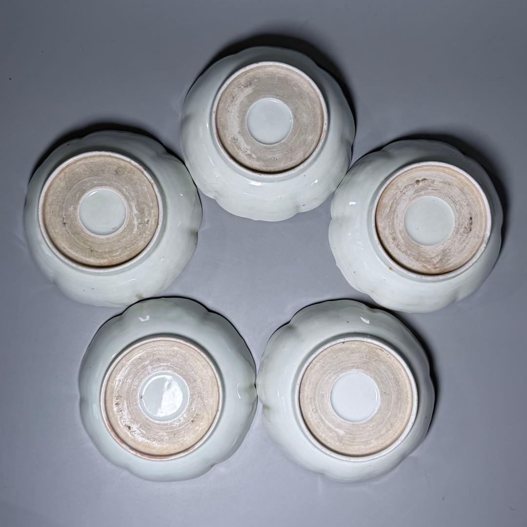 古伊万里　染付　輪花形膾皿　五点　亀甲文　植物文　古器を楽しむ　江戸期　大きめ