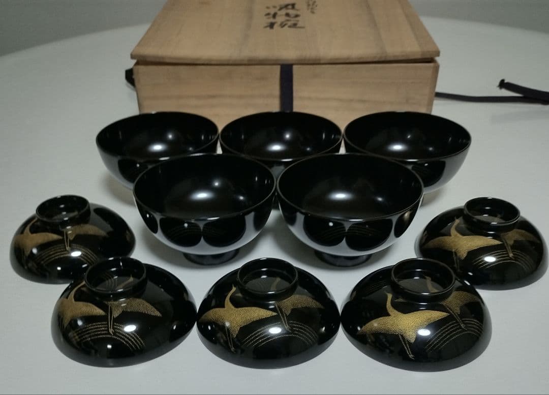 輪島塗　千羽鶴沈金　吸物椀　5客セット　作家もの　 三谷吾一