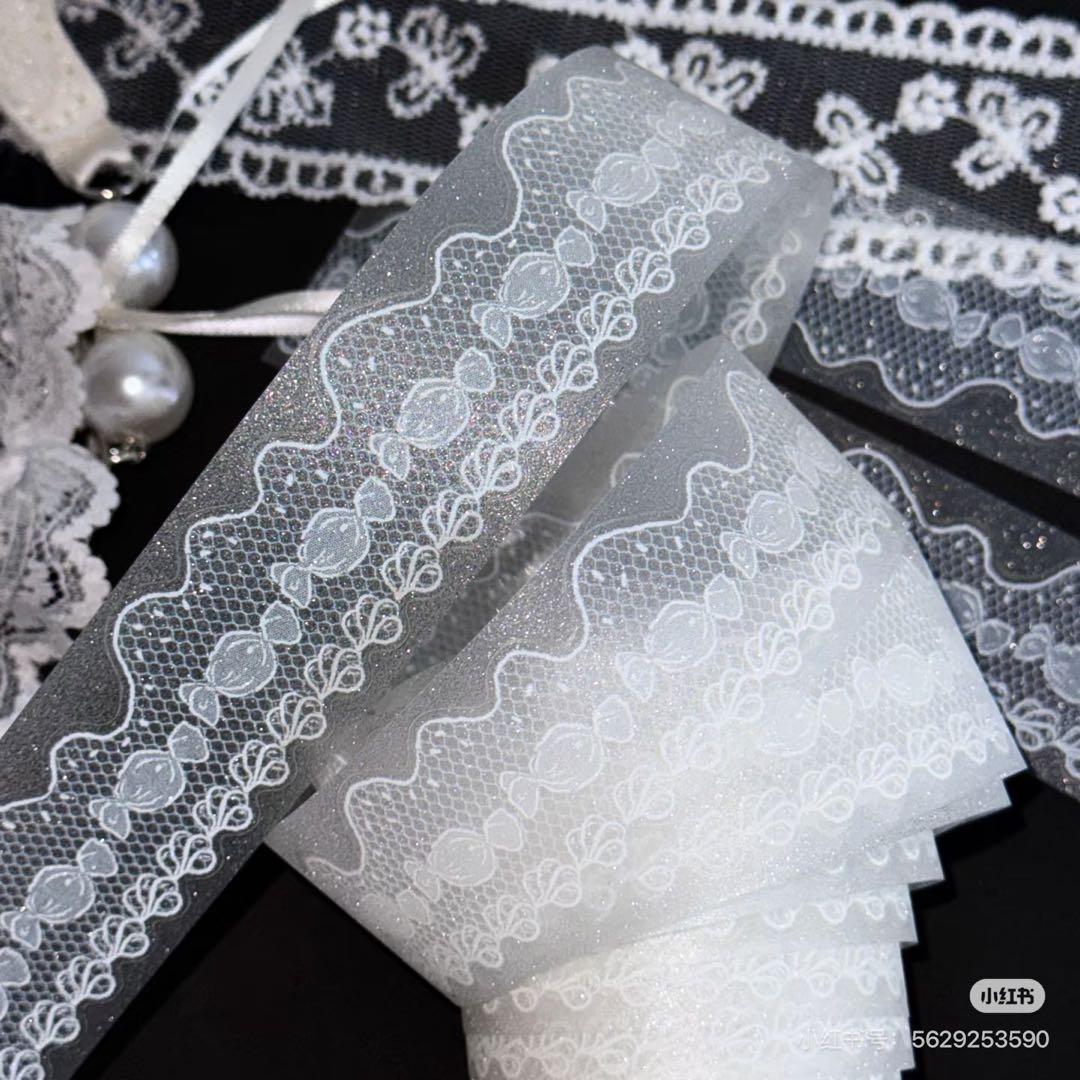 【9355】海外5m巻ラメ加工カッティングマスキングテープ　クリームレース装飾系