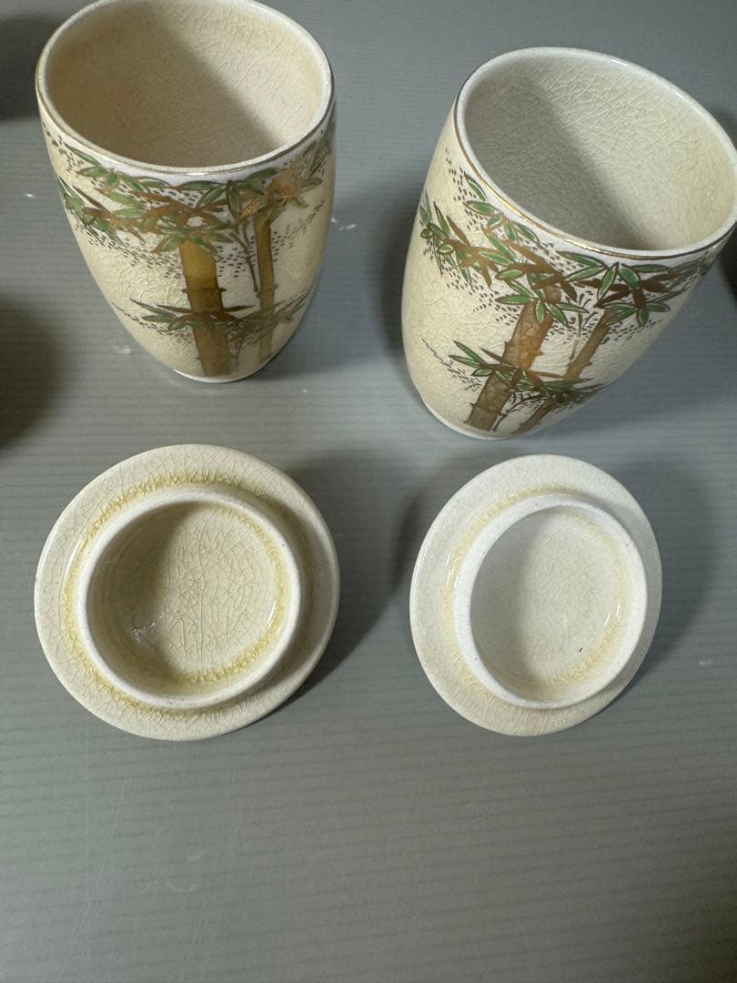 2523 薩摩焼　竹菊文　茶器セット　急須1客　猪口5客　湯呑蓋付2客