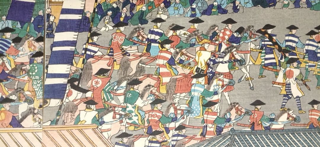 浮世絵版画、頼朝公行列圖三枚綴り、歌川貞秀画、慶応元年5月出版