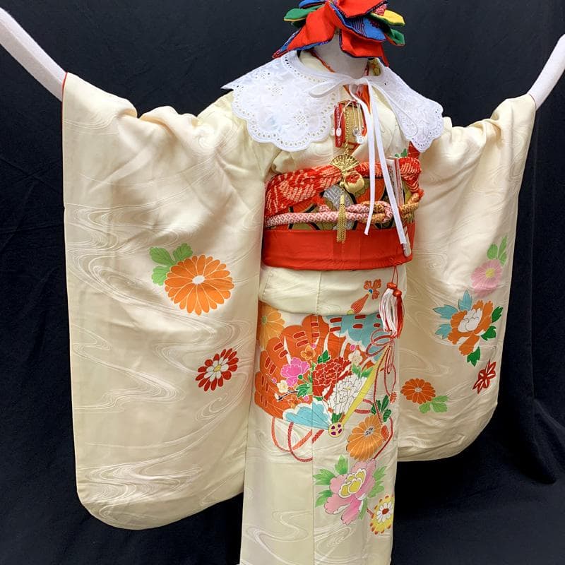 508ag93□七五三 七歳 女児 着物&袋帯&長襦袢 金彩 扇 短冊□美品