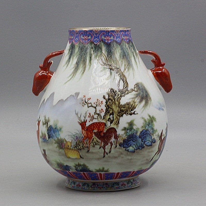 中国美術 両耳鹿頭福筒 開運 風水招財 陶磁器 装飾品 現代工芸品 美術品 置物