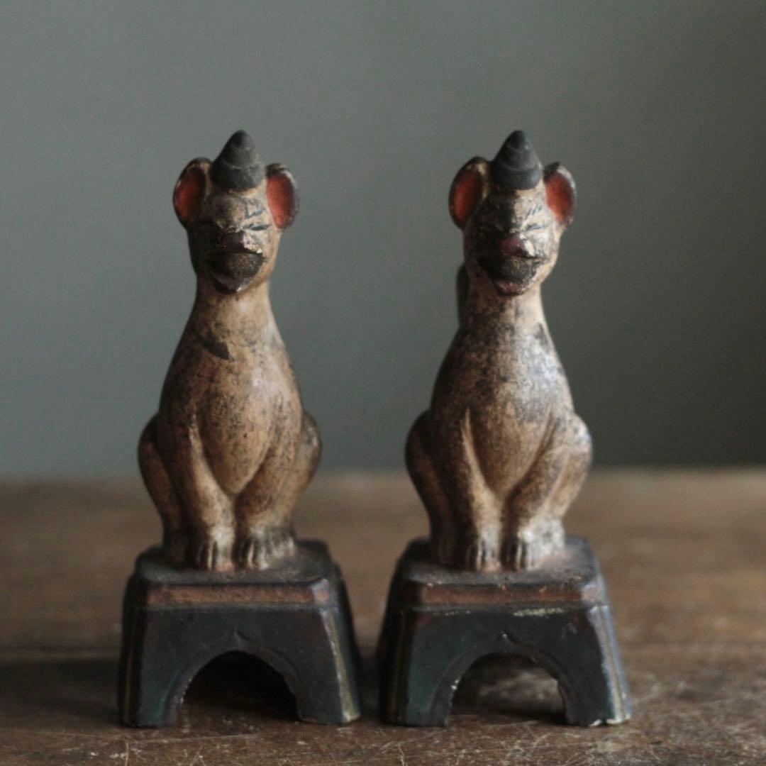 古い 土人形 お稲荷さん 一対 民芸 古道具 アンティーク オブジェ 御狐様