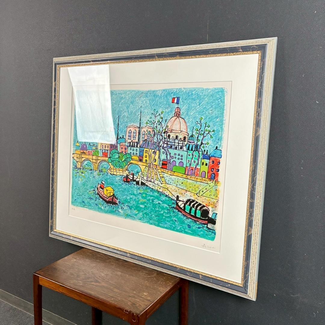 美品 ポール・アイズピリ「ポンヌフ」リトグラフ 直筆サイン入 額縁入 フランス