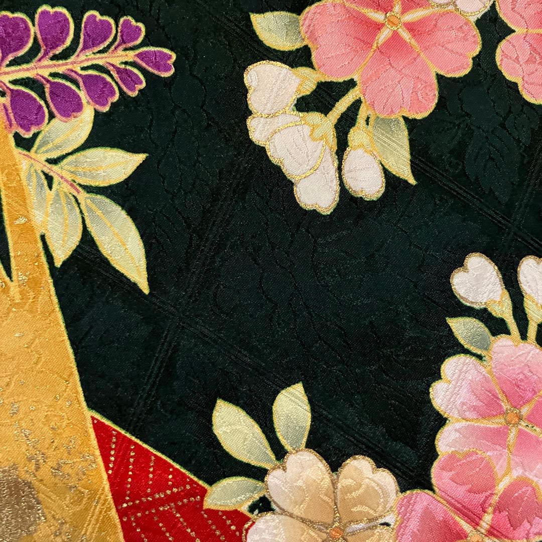 極美品　正絹振袖　袋帯付　抹茶　モスグリーン紫色花柄　金糸刺繍　写真撮影のみ