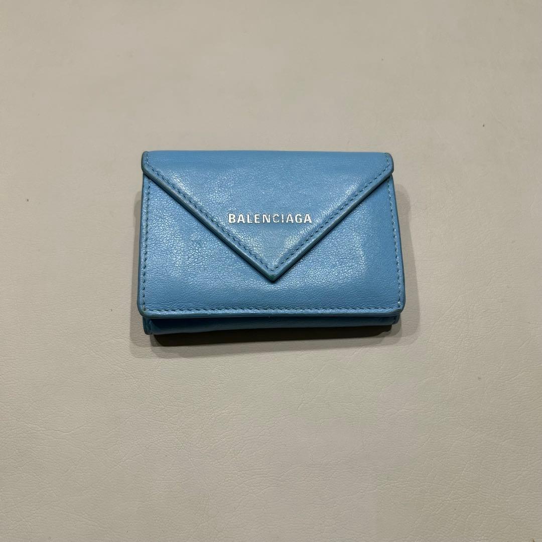 バレンシアガ ペーパーミニ 三つ折り財布 水色 ブルー 箱 保存袋付き 正規品