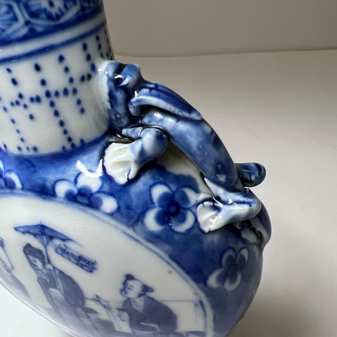 中国清時代　康熙年製　青花龍耳花入　木箱付　高約13.5㎝東Y7-1226☆2F