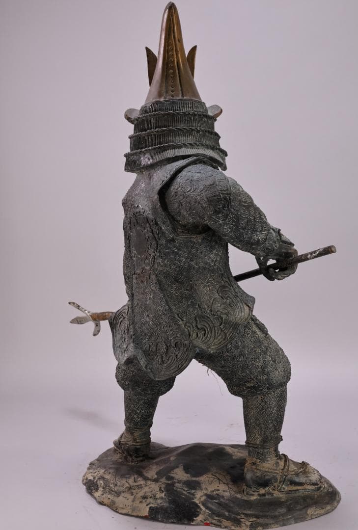 時代金工　明治期　ブロンズ像　加藤清正　薙刀　置物　床飾　高58㎝　BK091