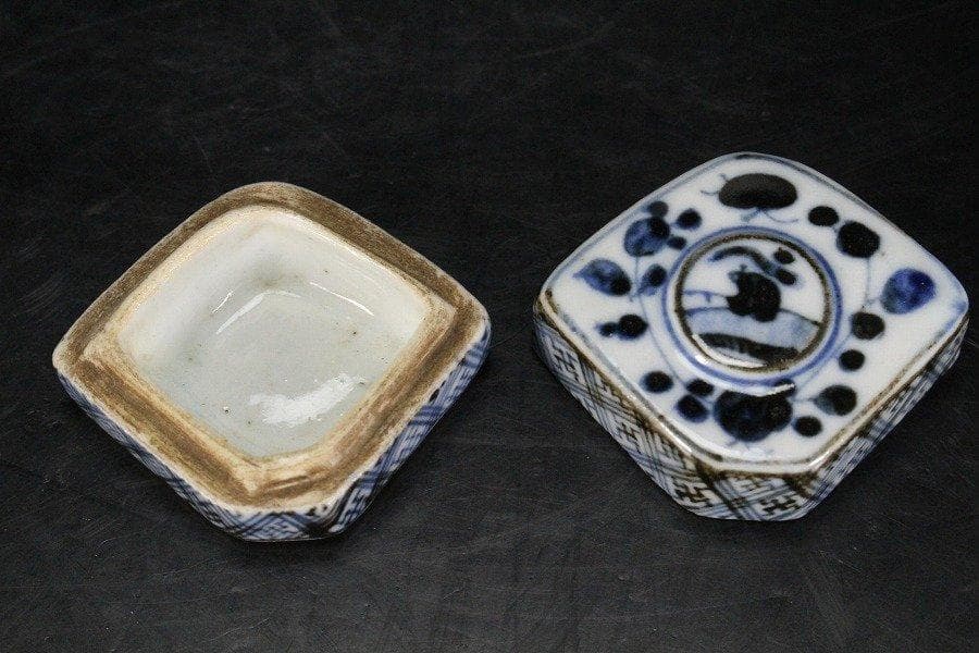 中国美術 青花 橋上人物紋 香合 蓋物 茶道具伝来