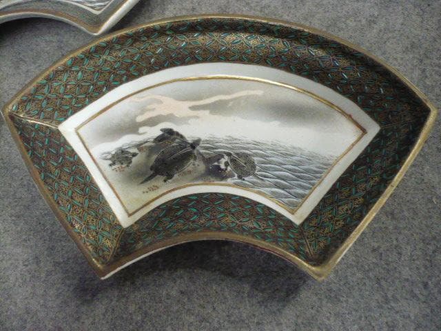 九谷焼色絵鶴亀図扇形刺身皿 5枚 [B31710]