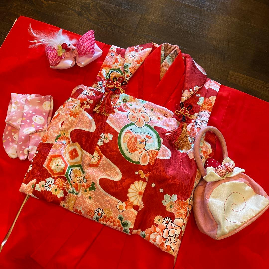 アンティーク 七五三 三歳 着物 被布 小物一式 フルセット 赤 鶴 正絹