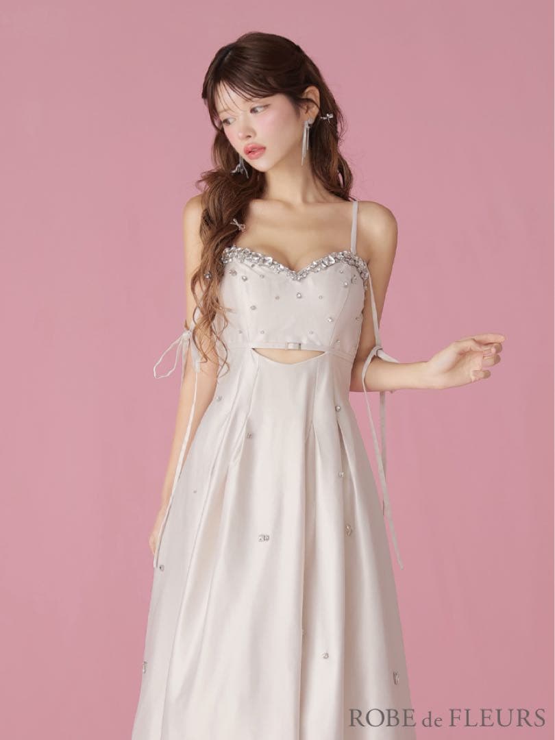 極美品 ローブドフルール ドレス キャバ ロング ホワイト サテン ビジュー