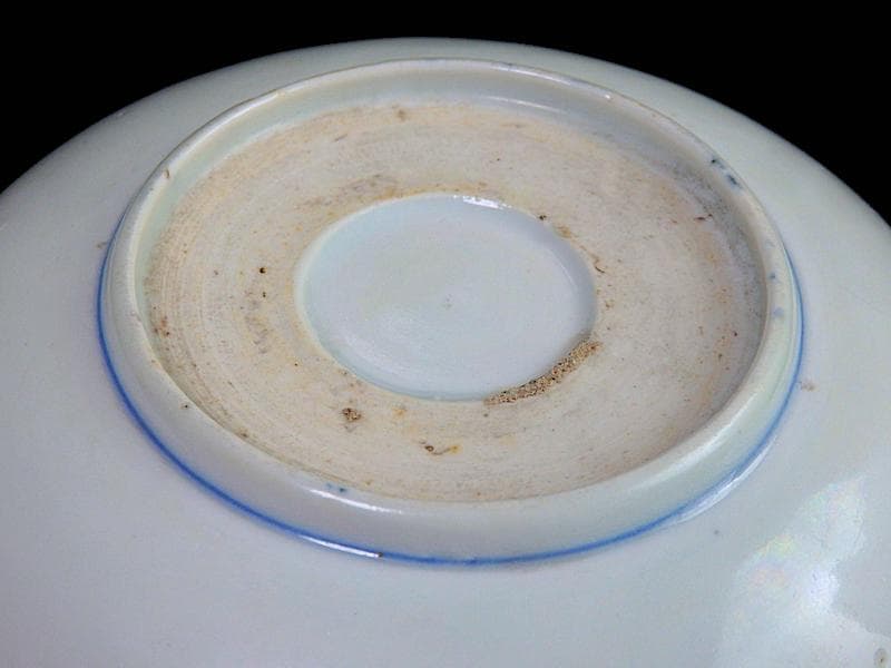 古伊万里　染付　丸に五瓜に唐花の図　家紋　４寸半皿　E90AS-CPb