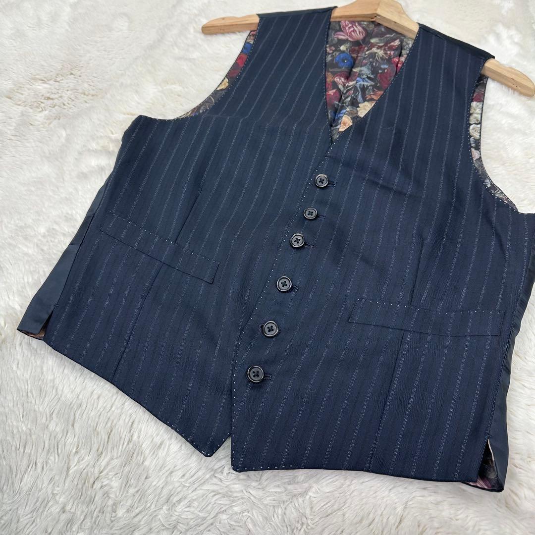 美品✨ポールスミスロンドン 花柄 裏地 シルク混 ストライプベスト ジレ 紺 M