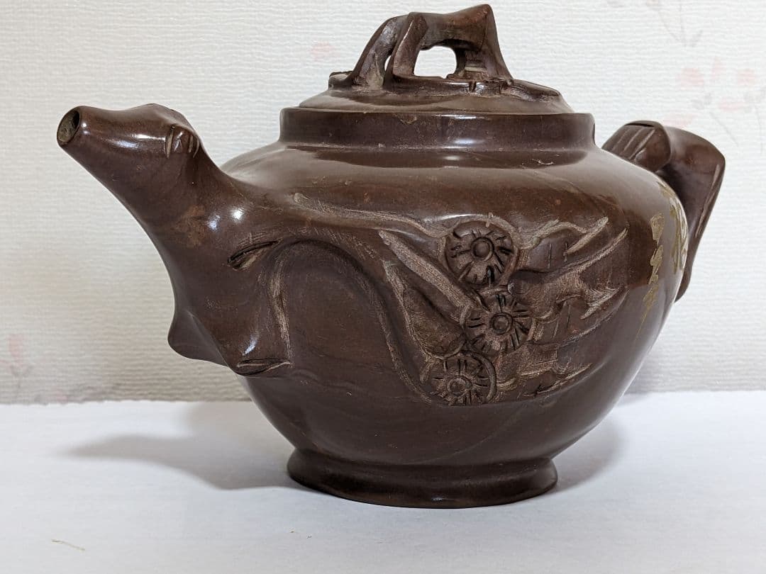 ♦中国茶壺 梅花文 漢詩入 石手彫り 急須 コレクション骨董品 アンティーク