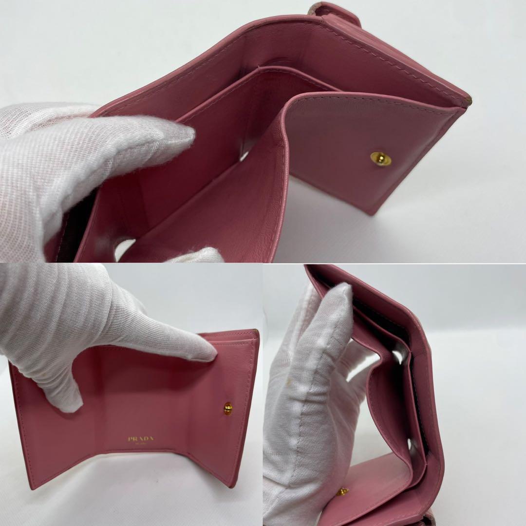 【美品】プラダ 三つ折り財布 コンパクト財布 サフィアーノレザー 小銭 ピンク