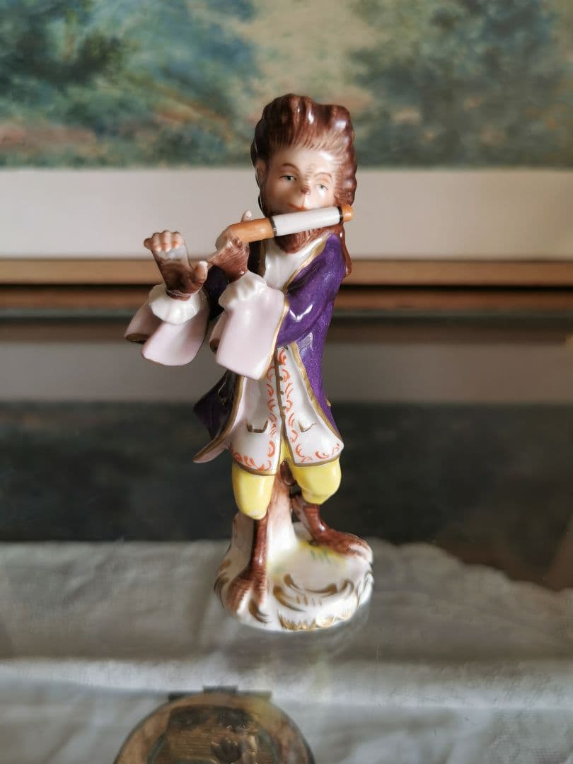 アンティークドイツ 楽隊フィギュリン 笛を吹く正装したモンキー 猿のオーケストラ