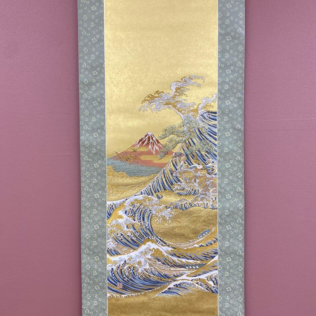 美品 掛け軸 刺繍 瀧本金箔 赤富士図 縁起物 正月掛け 厄除け