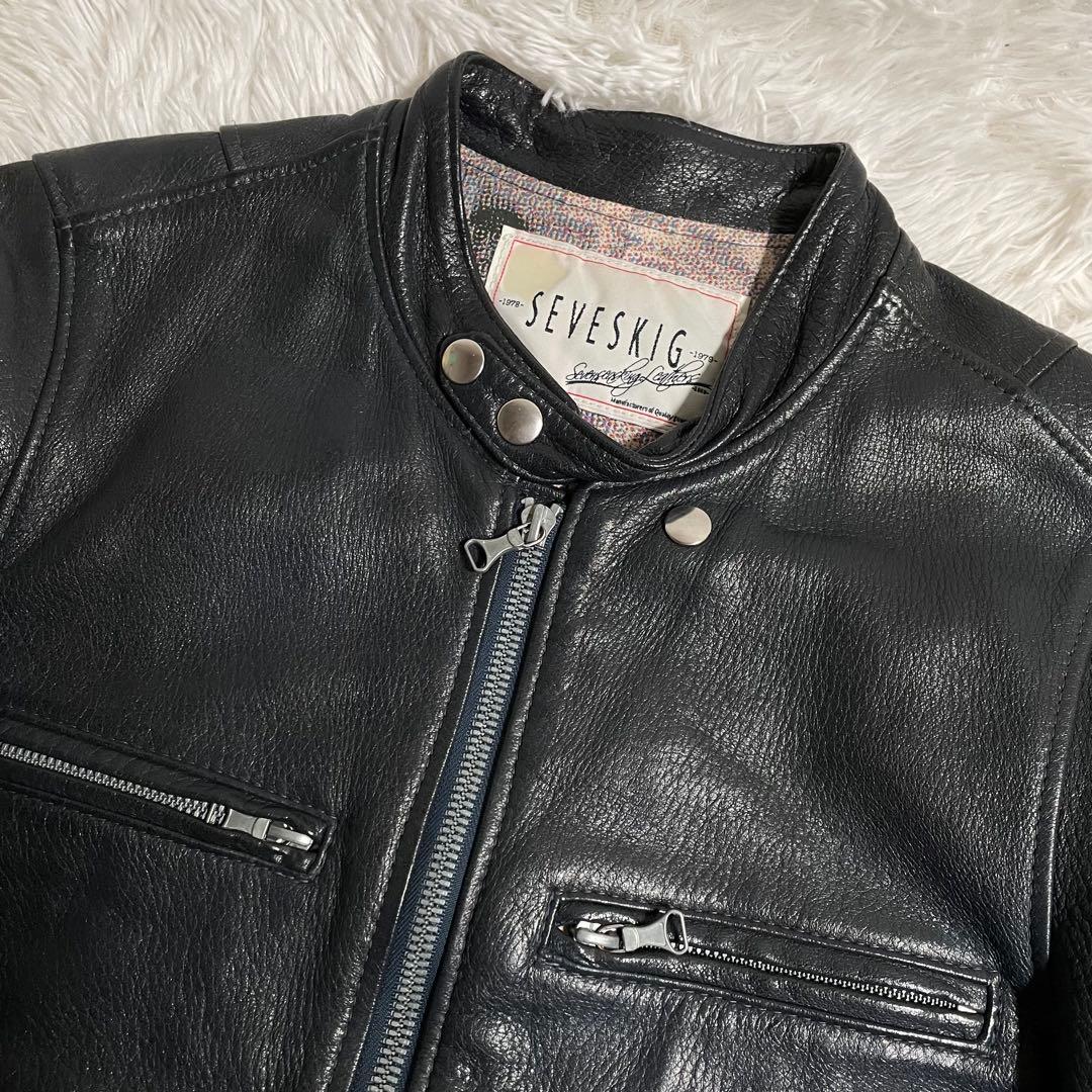 セヴシグ シングルライダースジャケット レザージャケット 裏地総柄