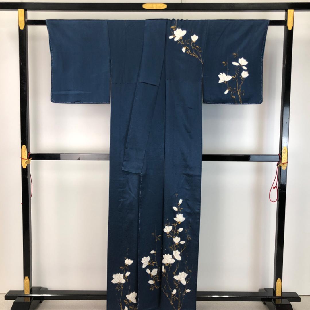 付下げ 白い花模様 絞り 手描き 伯林青色 しつけ糸 K-5046