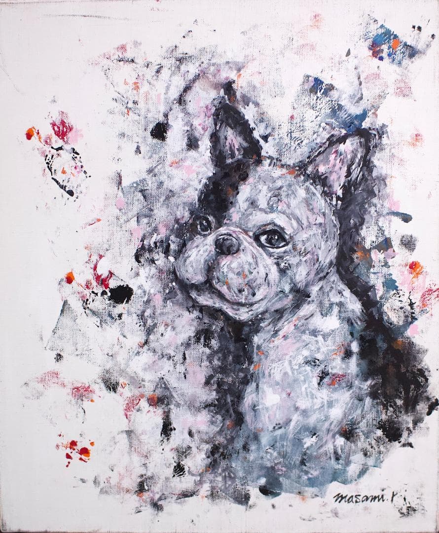 「フレンチブルドック、片パイド」F8 キャンバス 原画 アクリル画 額なし