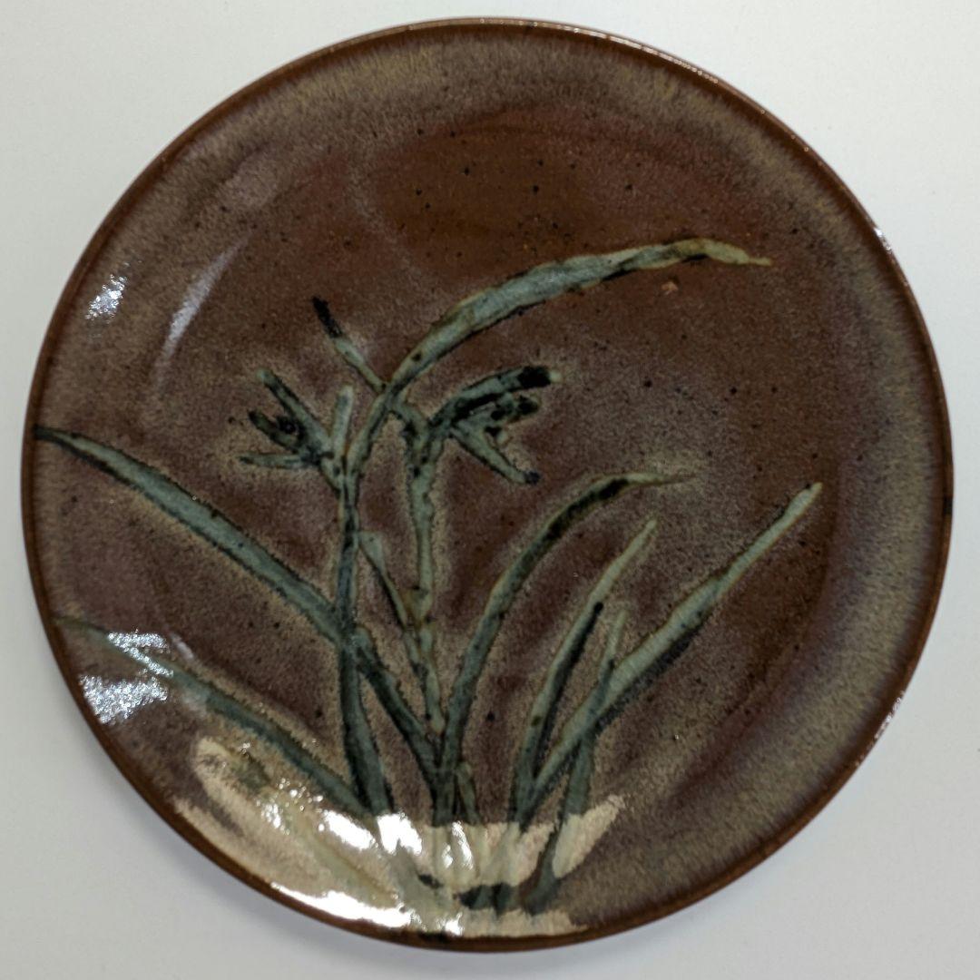 岡山県重要無形文化財 黒井一楽 虫明焼 鉄絵草文皿 5客 共箱 食器 在銘