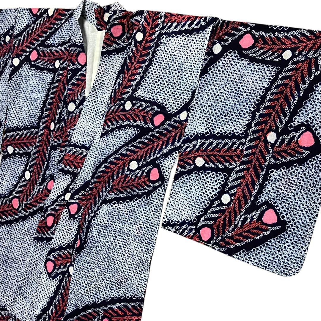 浴衣 有松鳴海絞り 孔雀羽文 ネイビー 綿 手縫い しつけ糸付 夏 和装 逸品