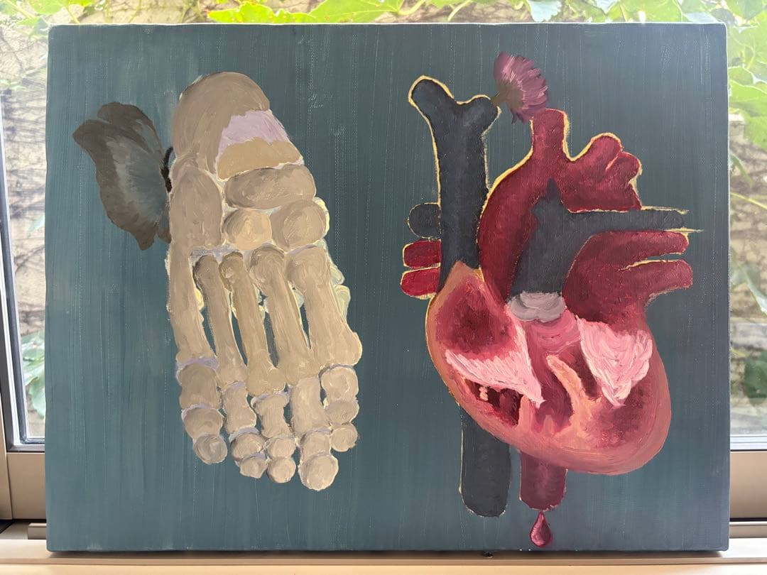 心臓と足の骨の油彩画