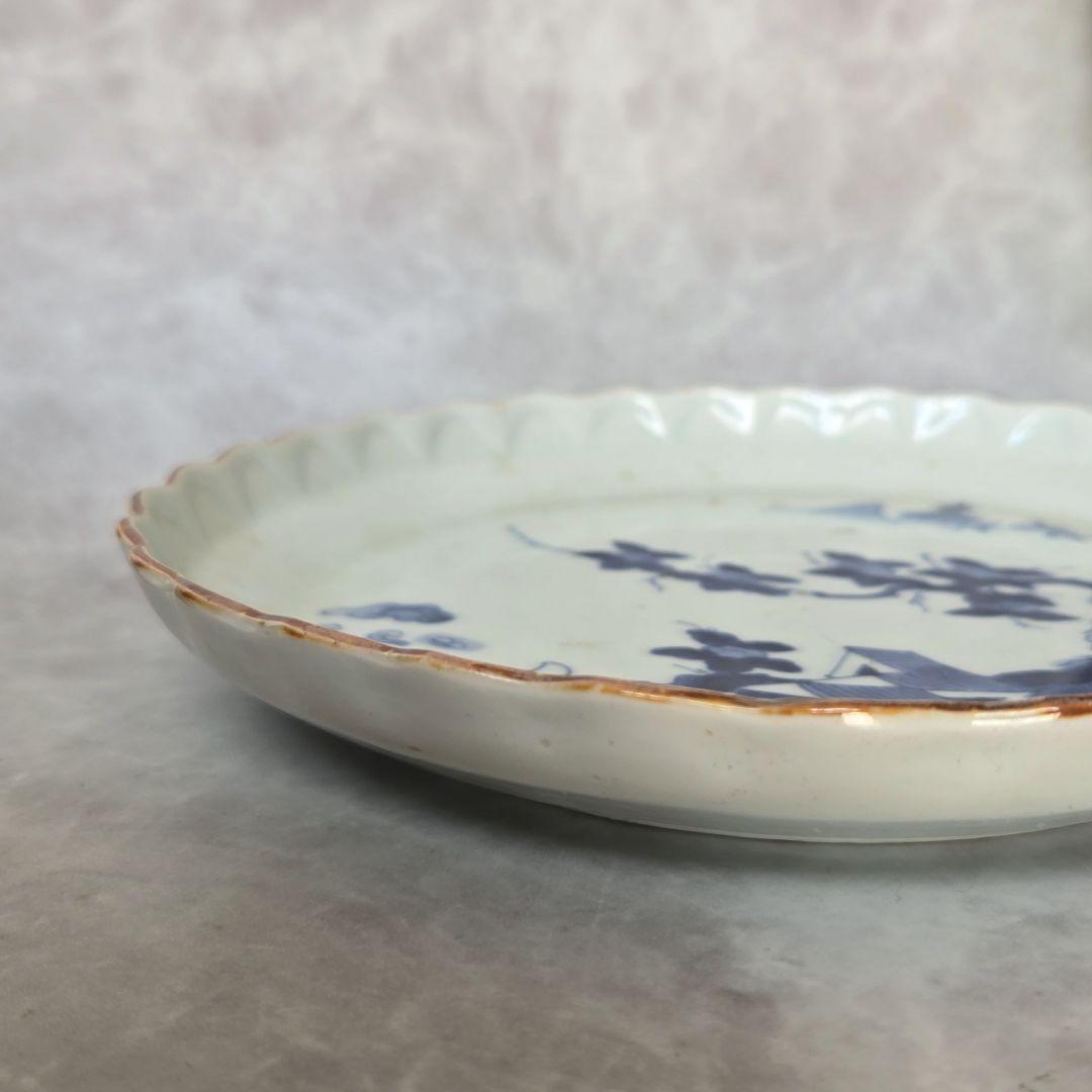 古伊万里　染付　輪花　七寸皿　江戸時代　金直し　金継ぎ　骨董　日本　アンティーク