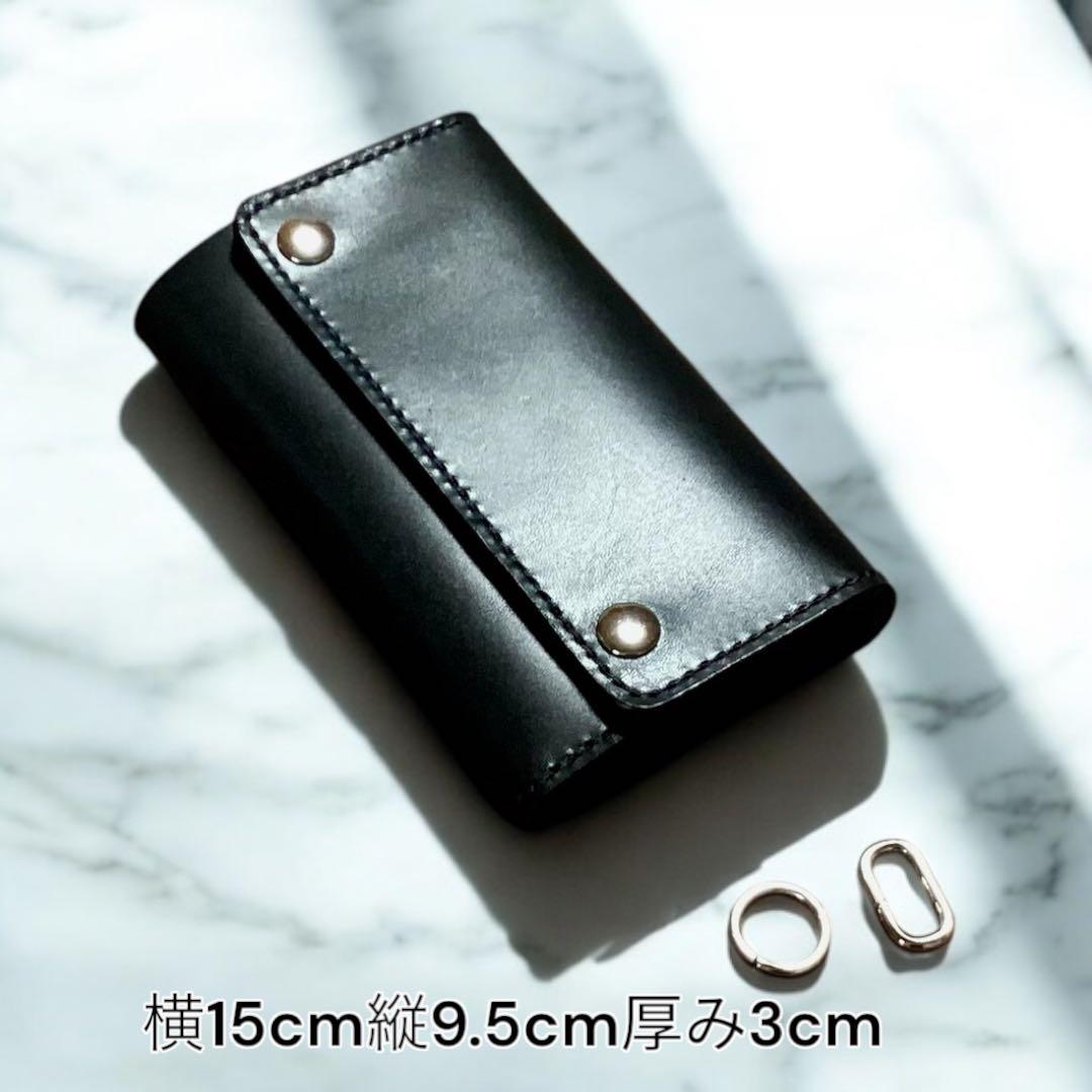 三つ折りミドルトラッカーウォレット　栃木レザー　オイルレザー　黒　ハンドメイド